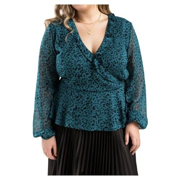 Mi Ami 1X Animal print teal wrap blouse silky crossover - Picture 5 of 6
